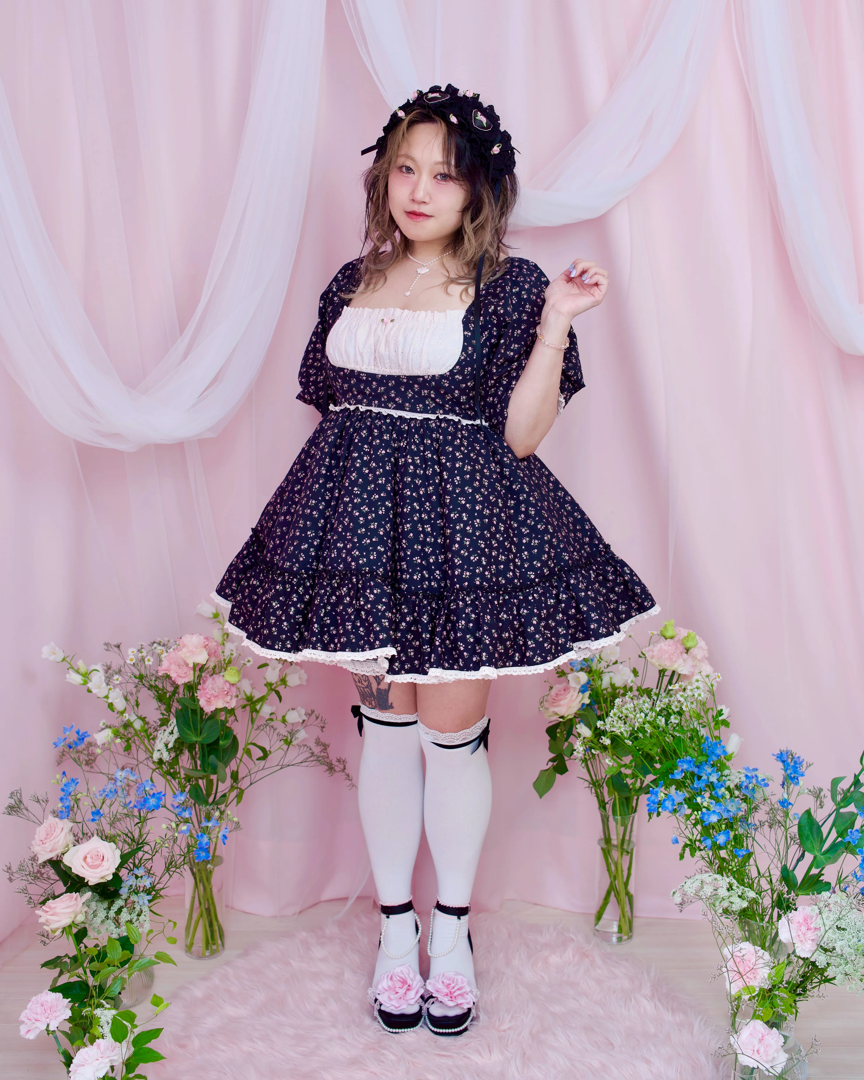 Lost in the Garden Babydoll Dress - Black x Pink