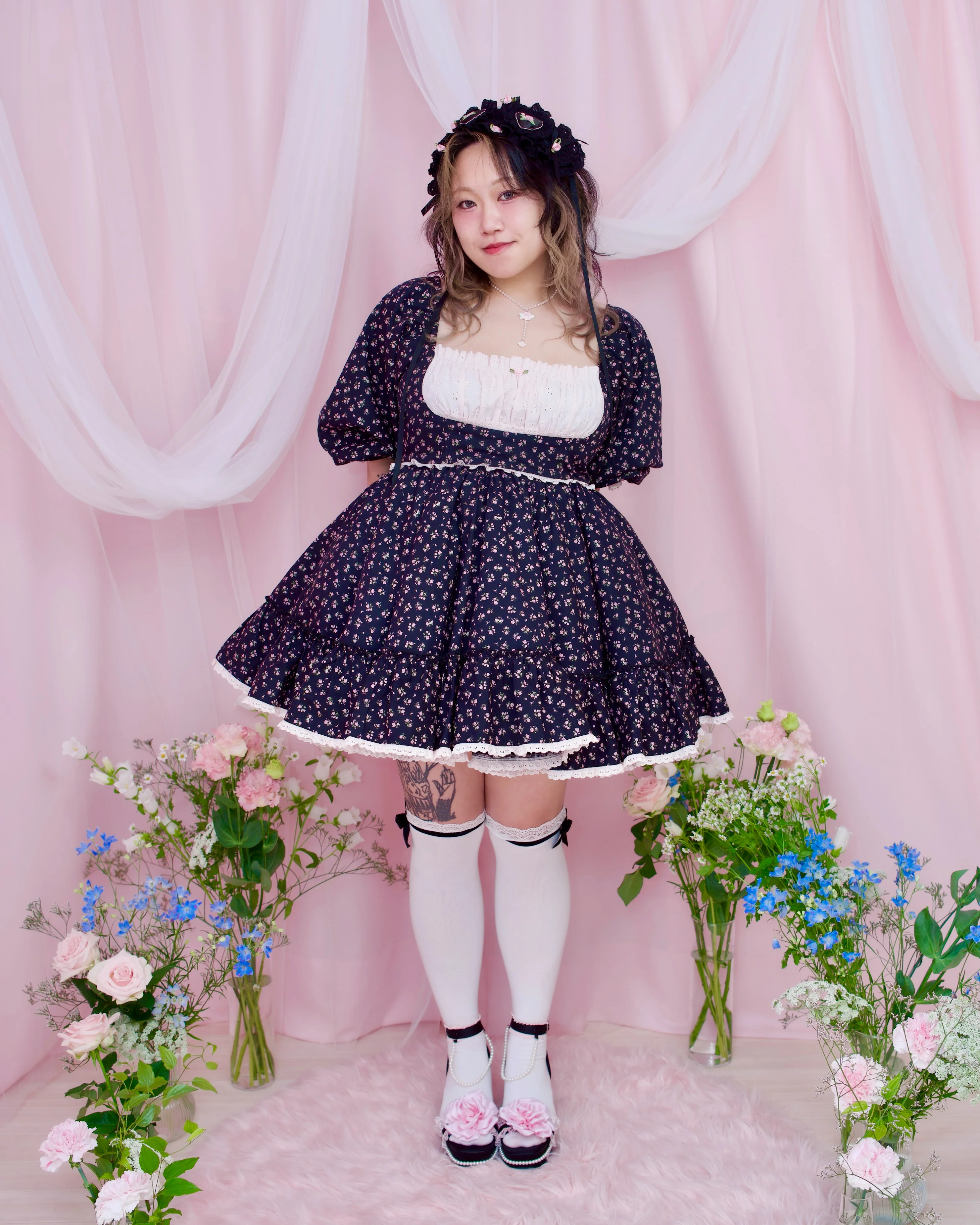 Lost in the Garden Babydoll Dress - Black x Pink - Image 2