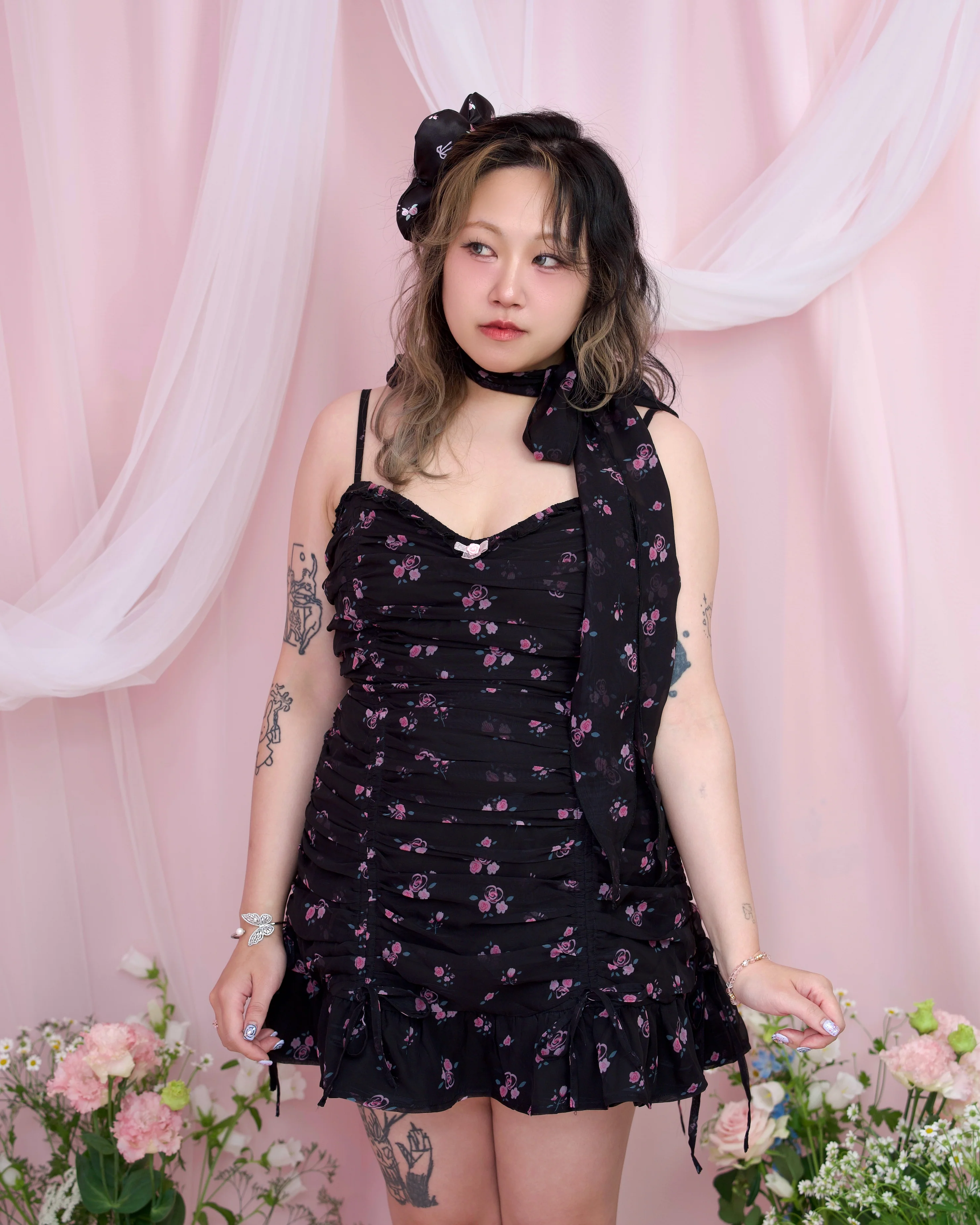 Claire De Lune Dress - Black x Pink Floral // PREORDER - Image 4