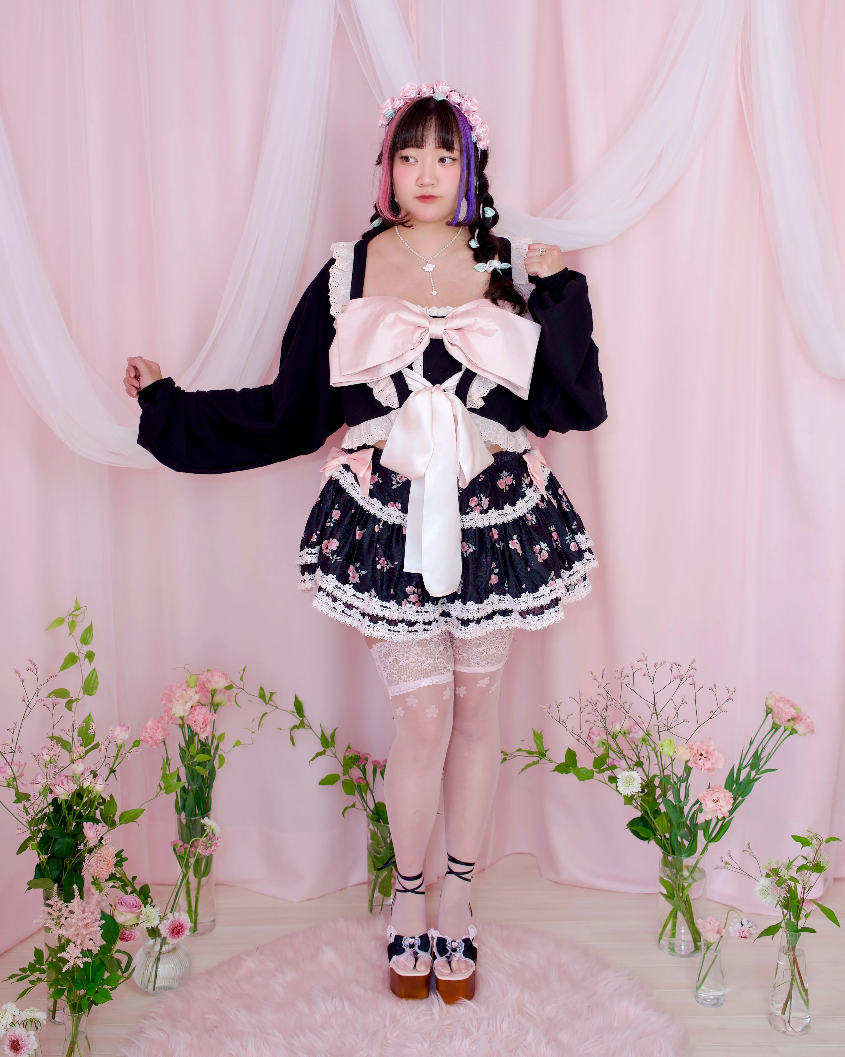 Yours Truly Ribbon Cardigan - Black x Pink - Image 4