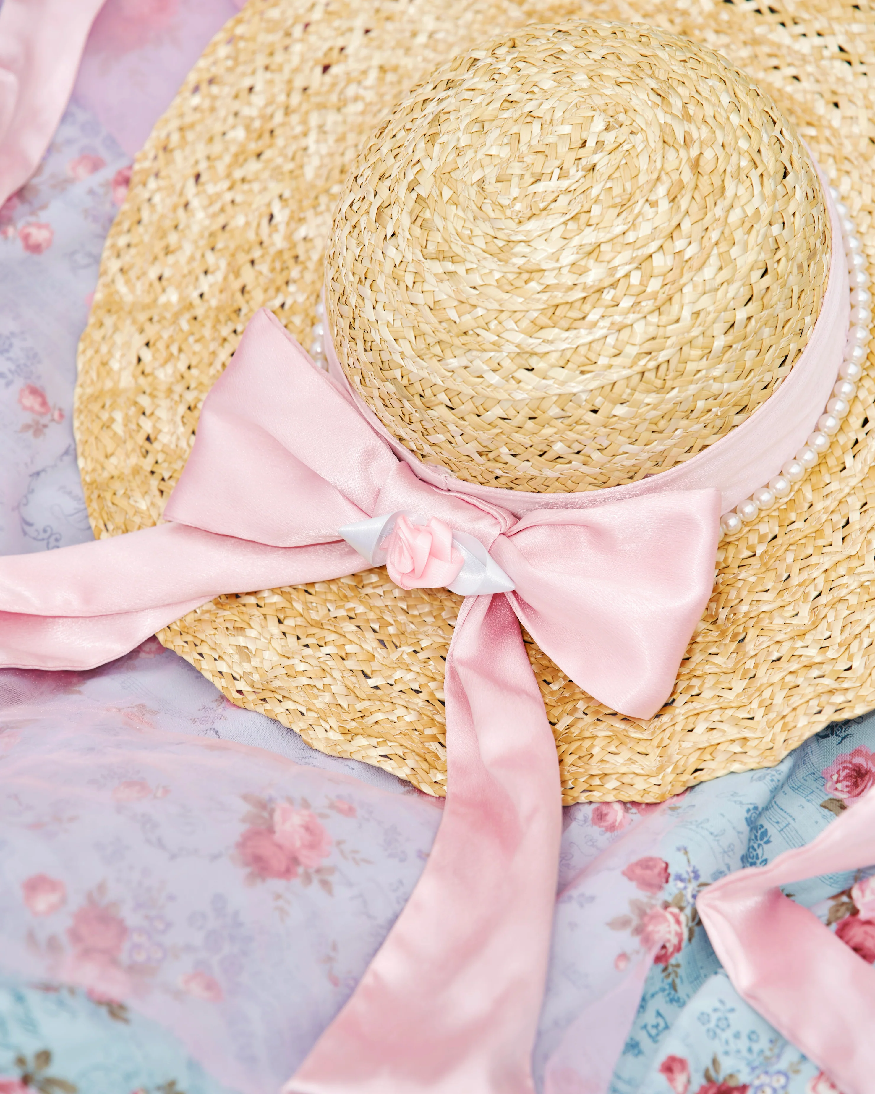 Château Ruffle Straw Hat Pink Ribbon - Image 2