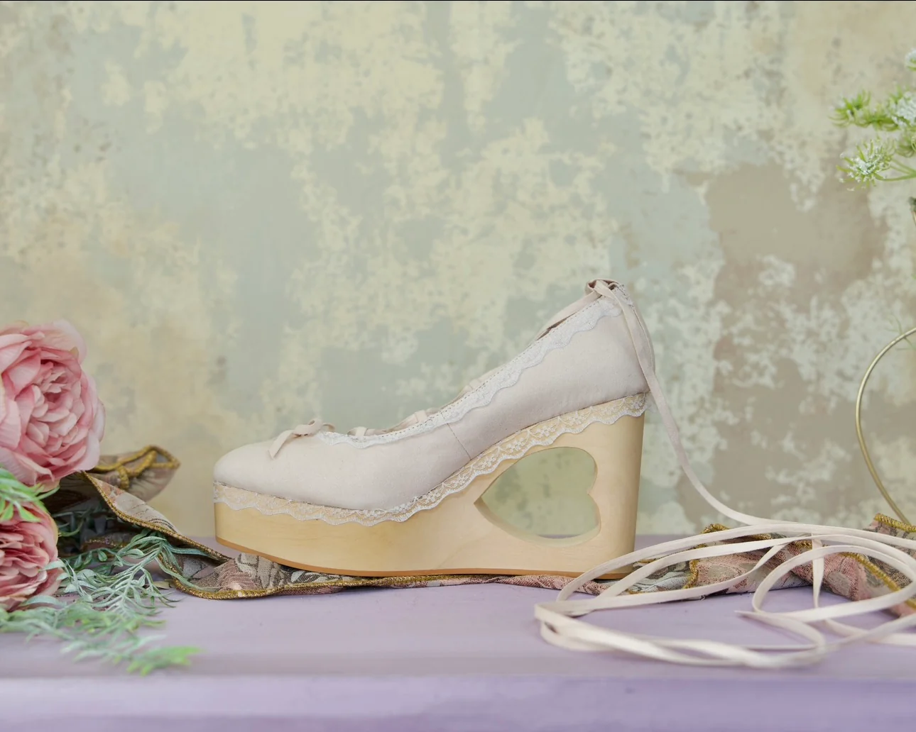 "Cupid's Ballerina" Heart Platform Lace Up Shoes - Cream - Image 4