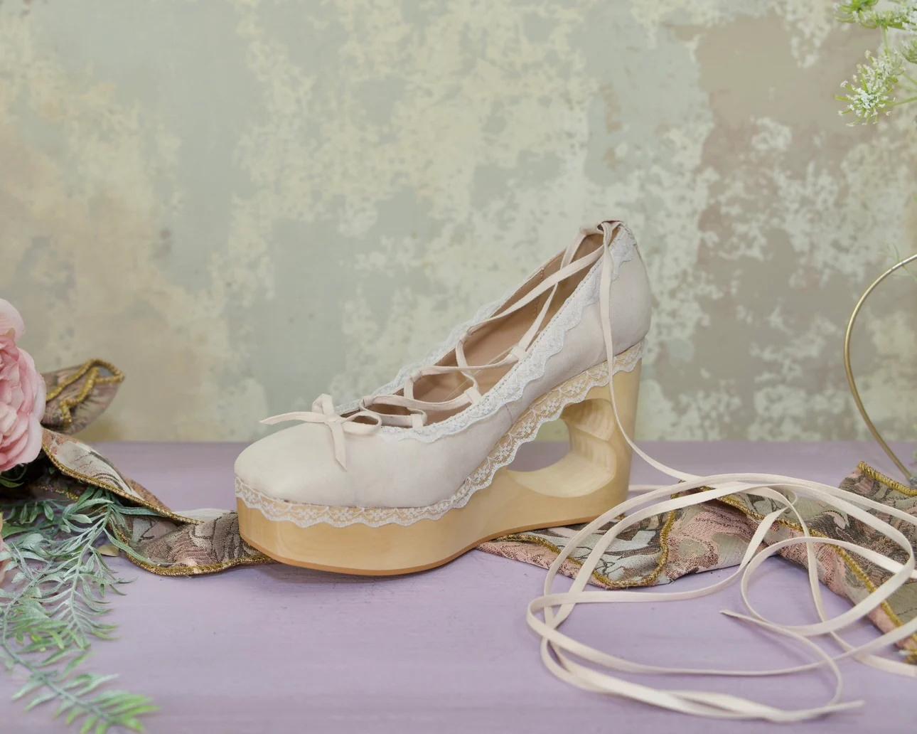 "Cupid's Ballerina" Heart Platform Lace Up Shoes - Cream - Image 5