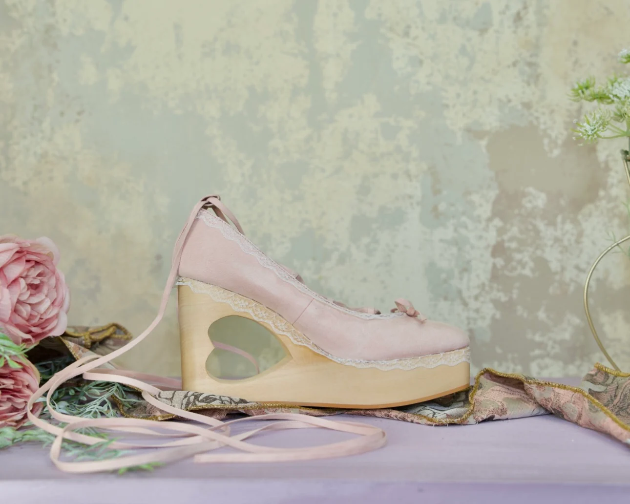 "Cupid's Ballerina" Heart Platform Lace Up Shoes - Powder Pink - Image 4
