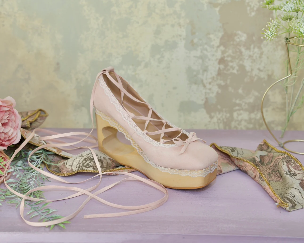 "Cupid's Ballerina" Heart Platform Lace Up Shoes - Powder Pink - Image 5