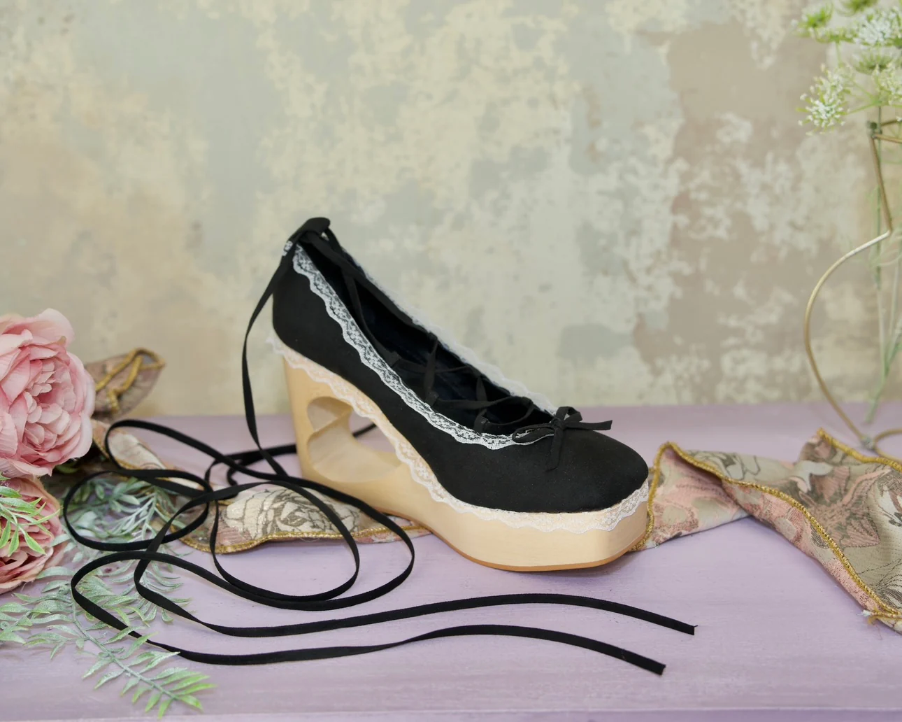"Cupid's Ballerina" Heart Platform Lace Up Shoes - Black - Image 4
