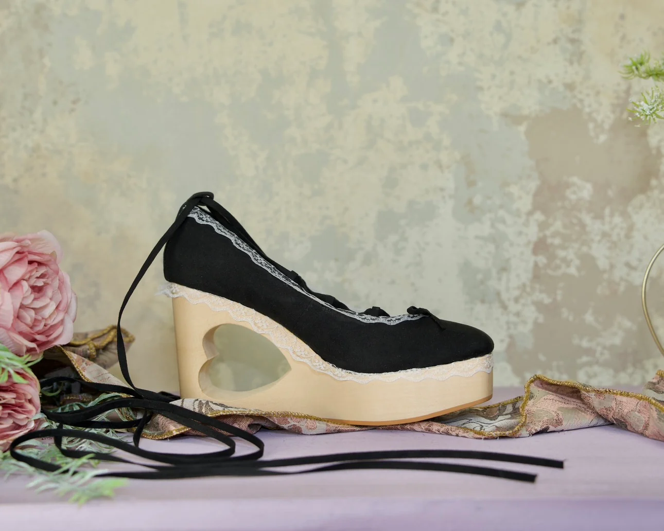 "Cupid's Ballerina" Heart Platform Lace Up Shoes - Black - Image 5