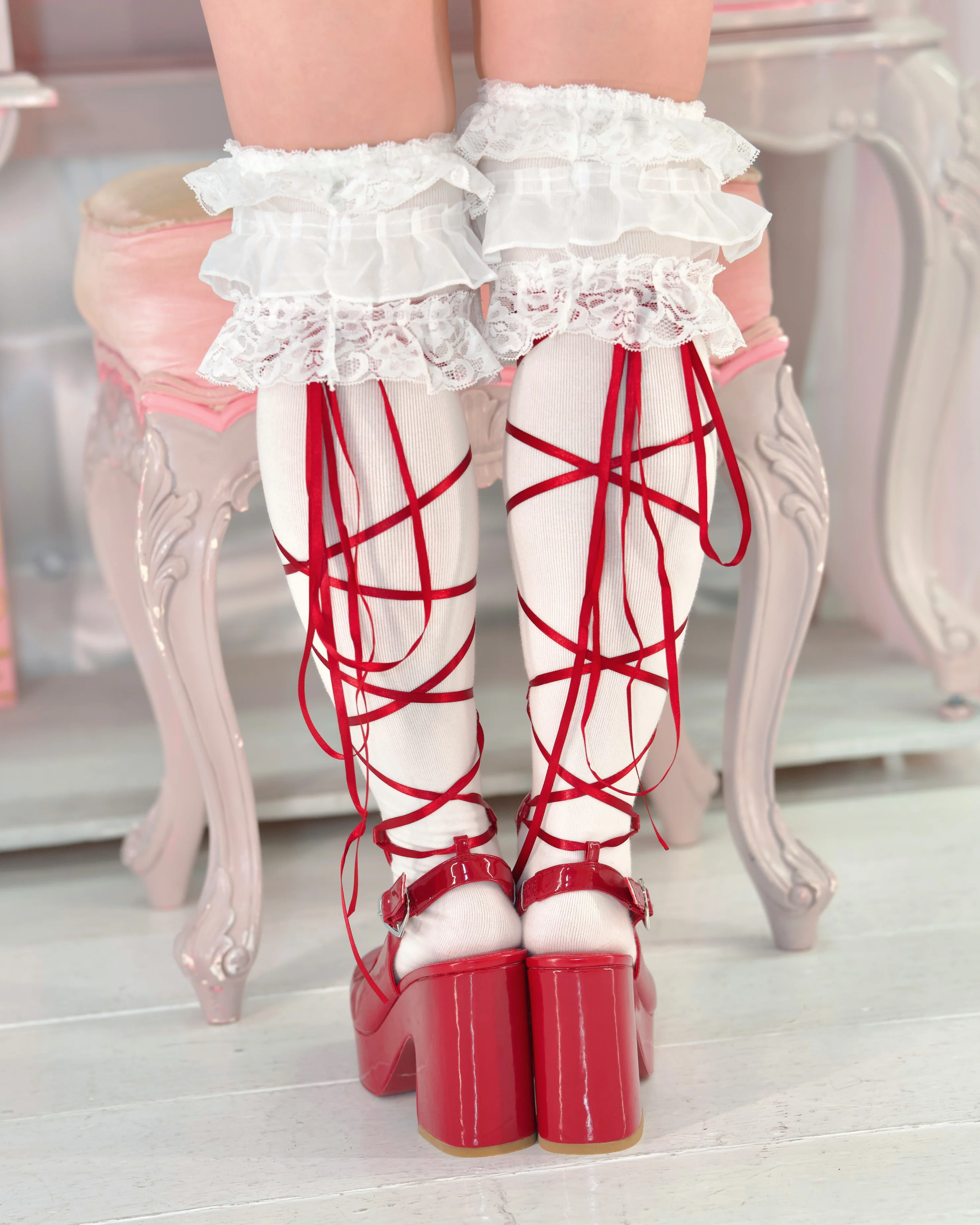 "Dear Valentine" Knee High Heart Platform Heels Red - Image 3