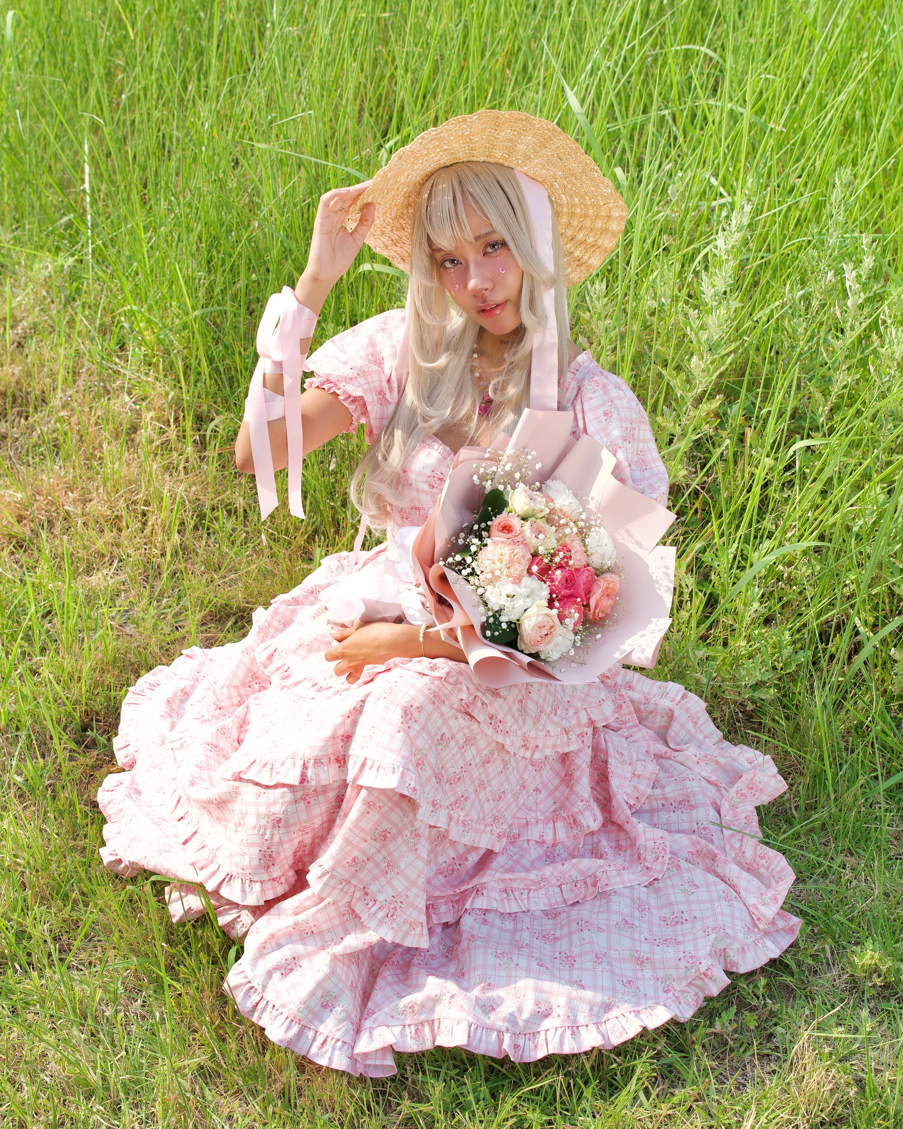 Ribbon Sweetheart Long Layer Dress Pink - Image 4