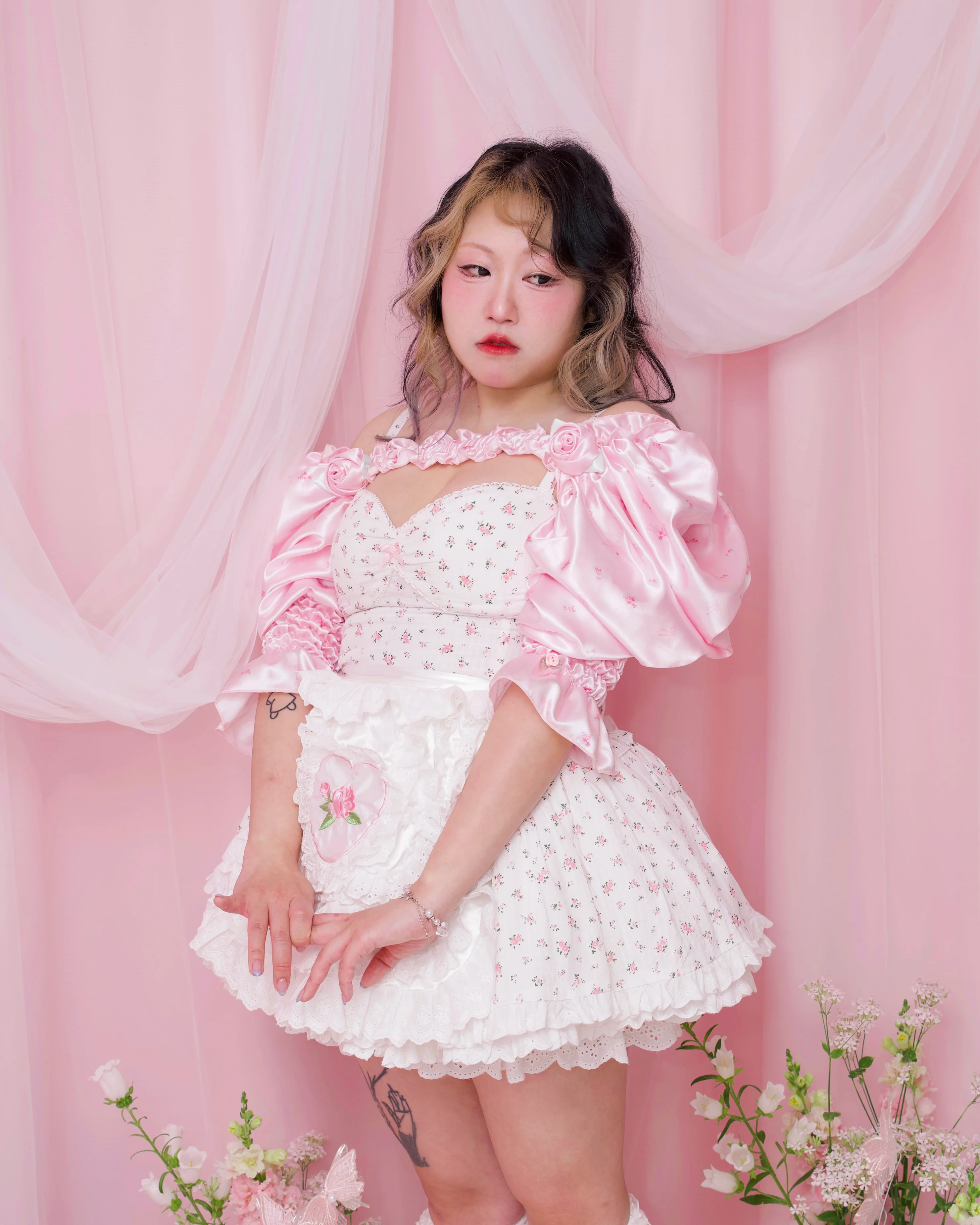 Rose Bouquet Puff Sleeves - Pink