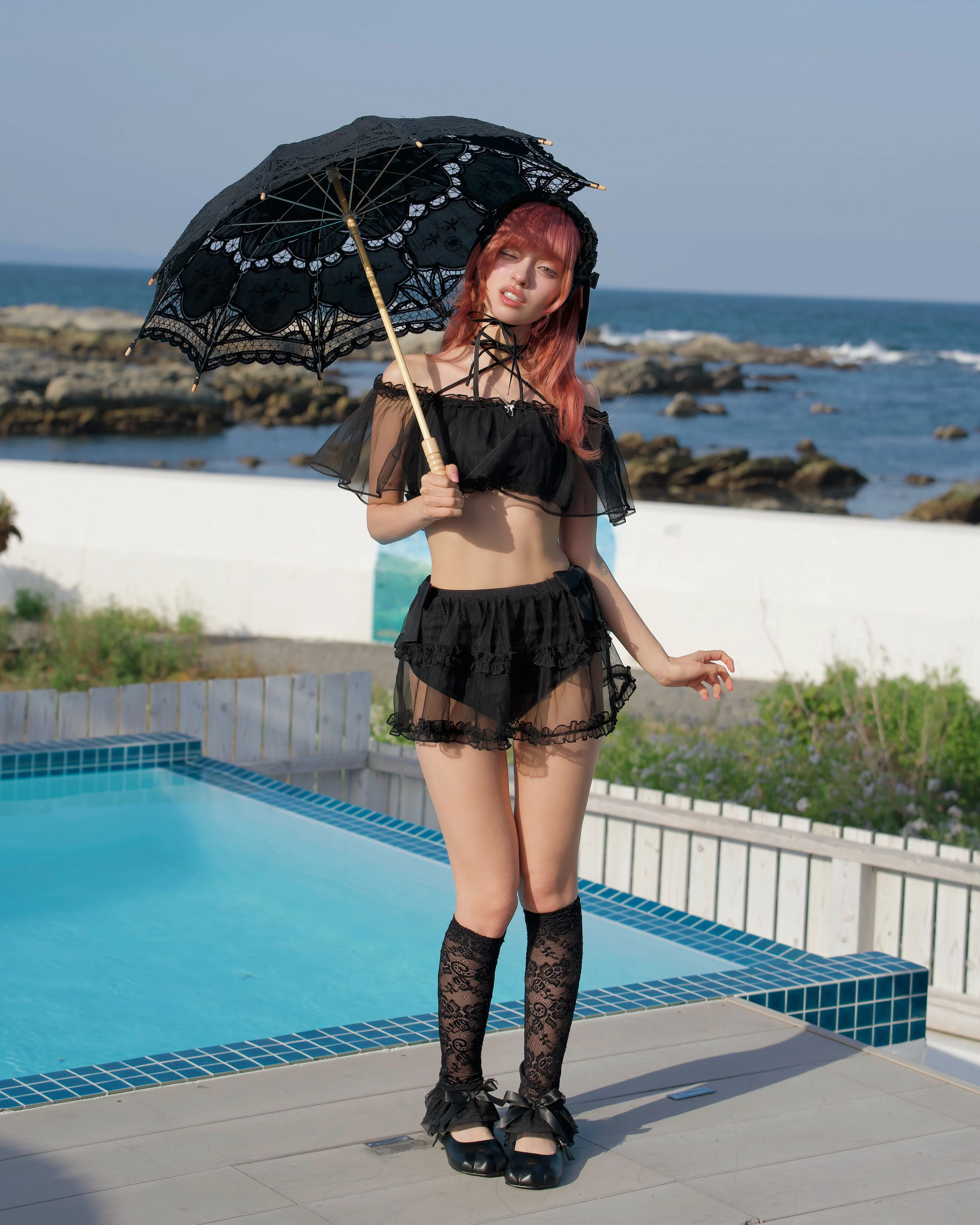Rosette Veil Two Piece Swimsuit Black TOP - Image 3