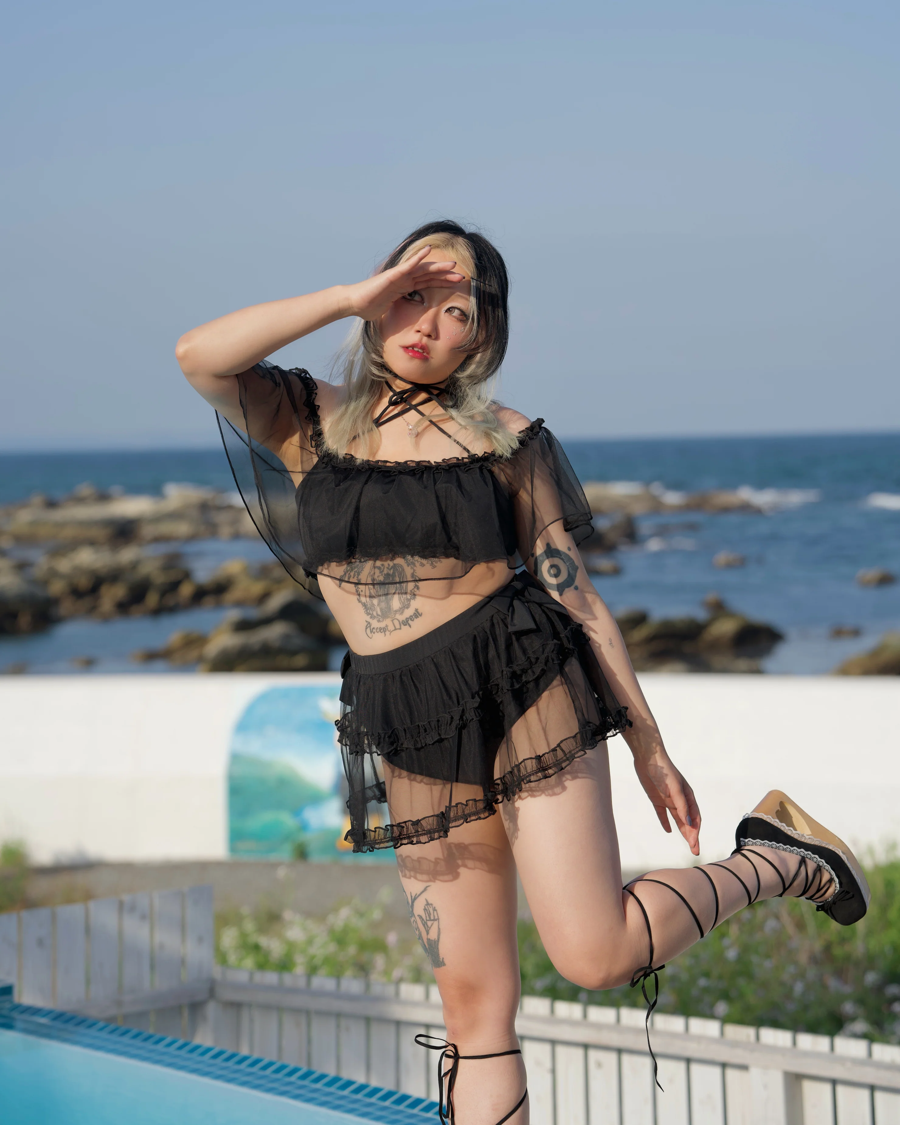 Rosette Veil Two Piece Swimsuit Black BOTTOM - Image 3