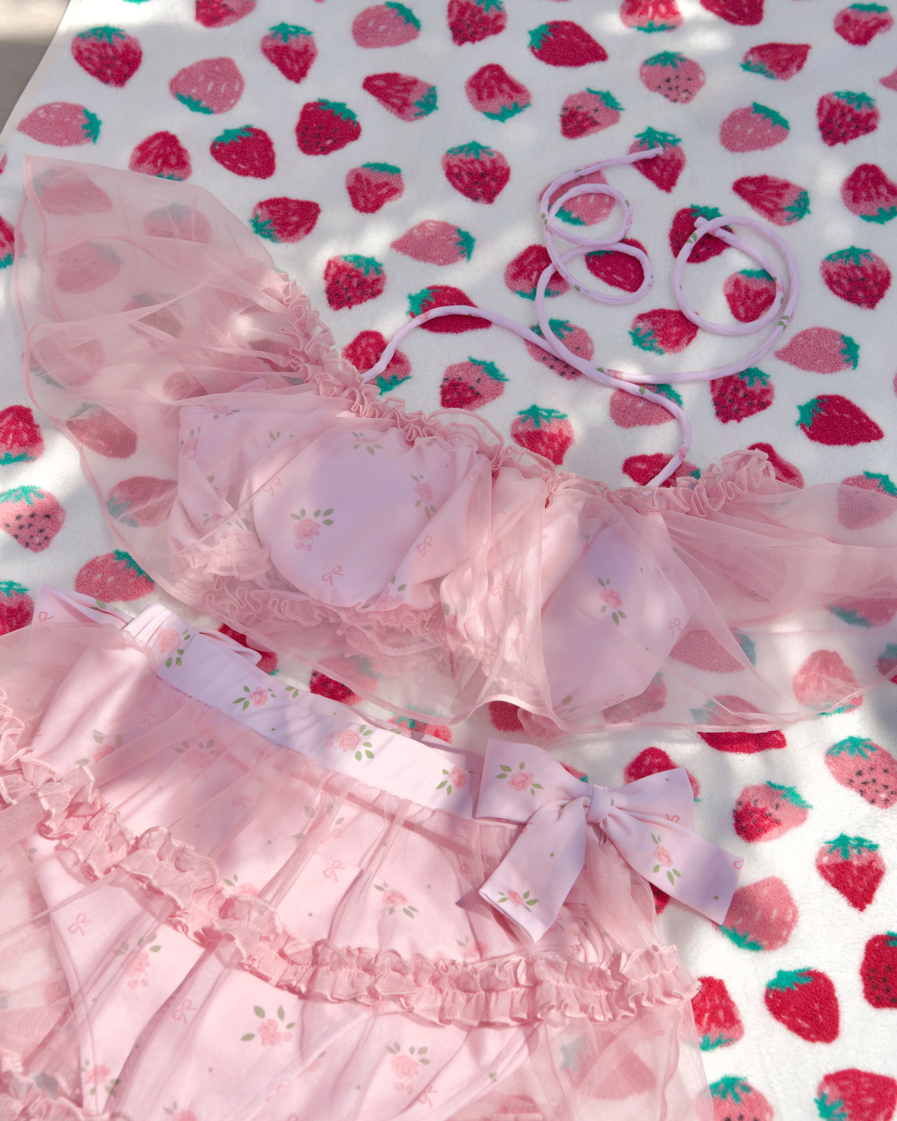 Rosette Veil Two Piece Swimsuit Floral Pink TOP - Image 5