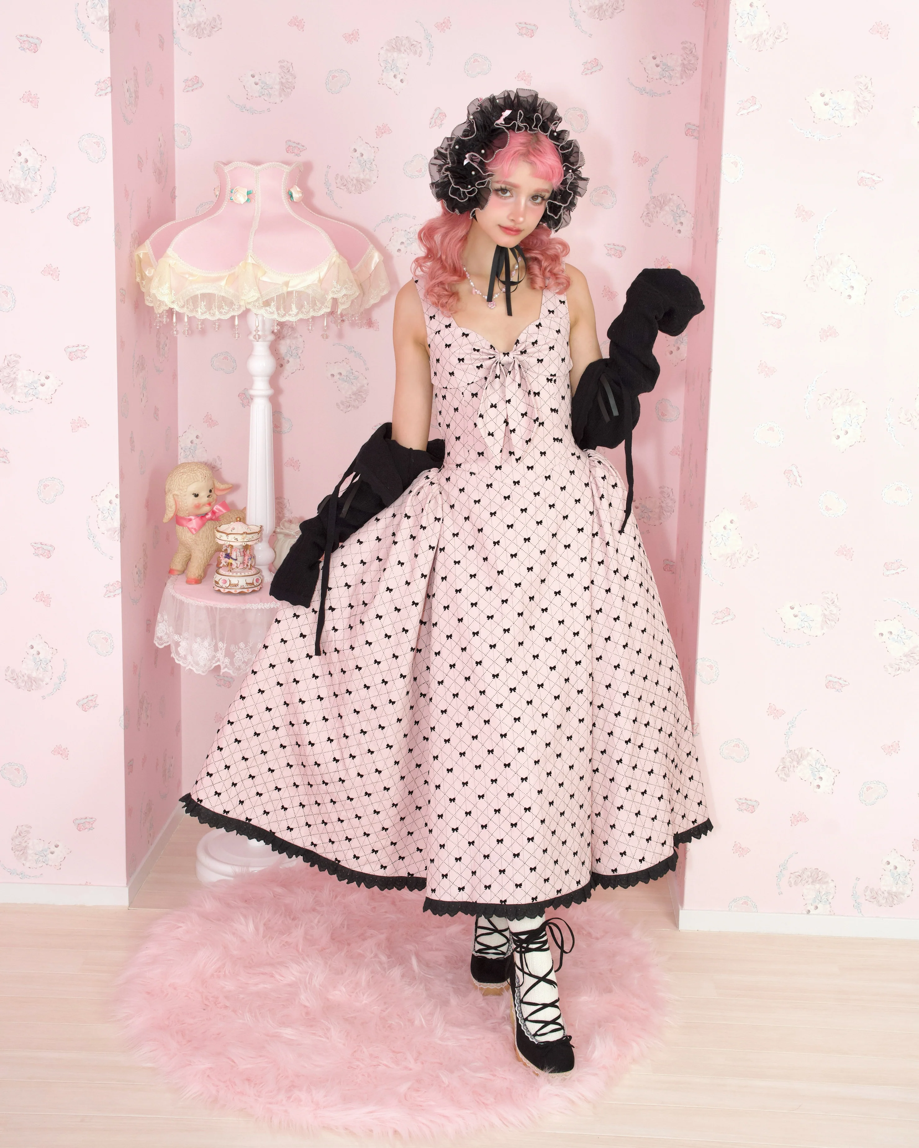 Rosy Pirouette Frill Ribbon Headdress - Blush Noir (Black x Pink) - Image 4