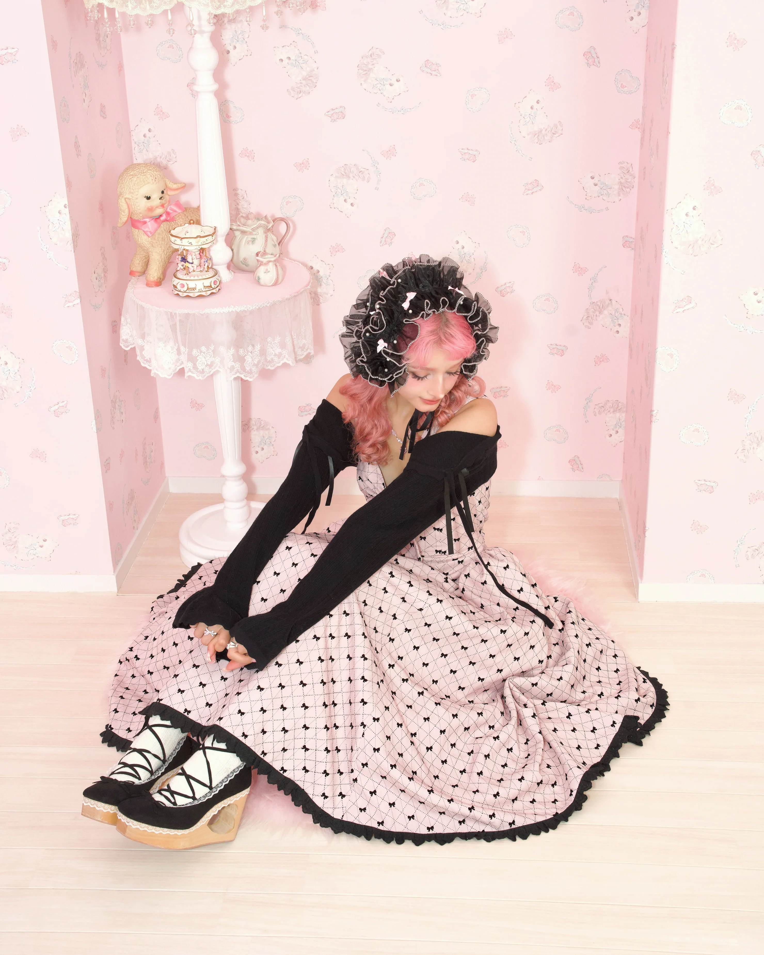 Rosy Pirouette Frill Ribbon Headdress - Blush Noir (Black x Pink) - Image 5