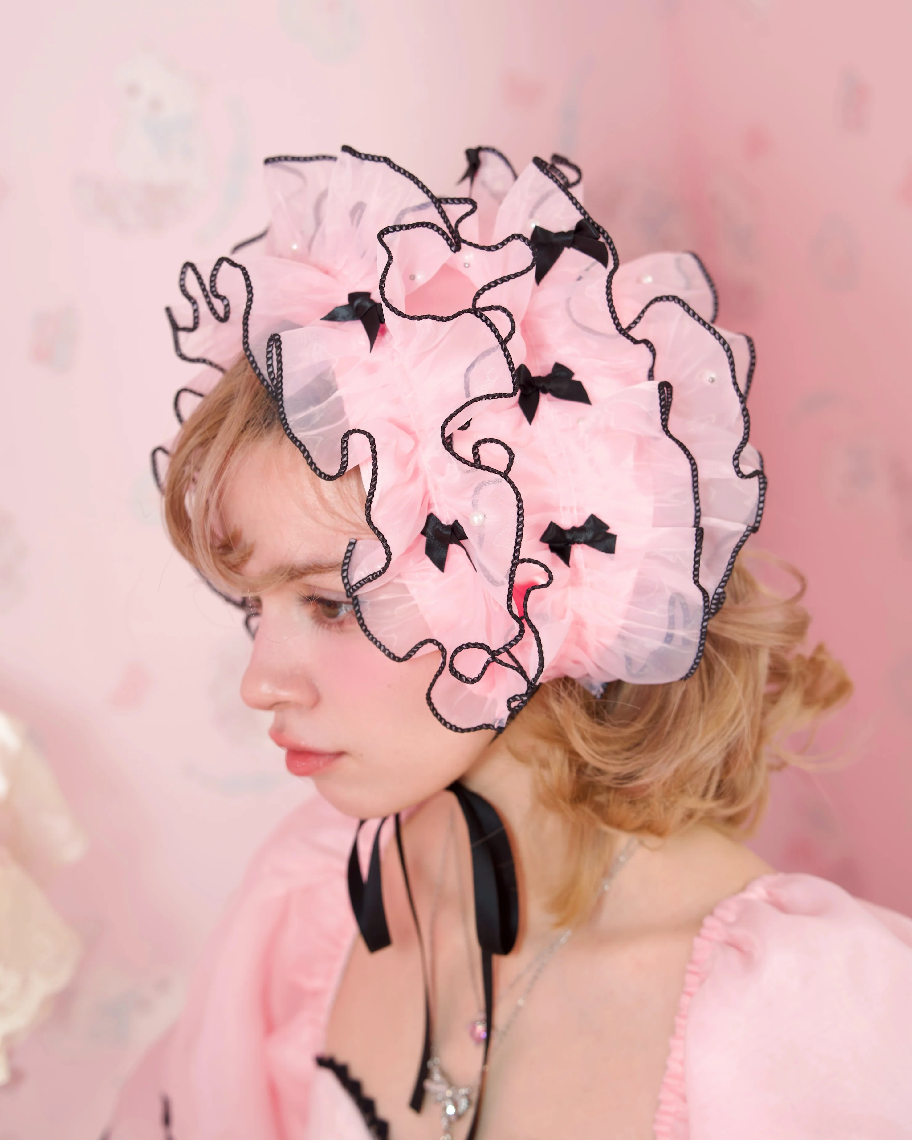 Rosy Pirouette Frill Ribbon Headdress - Midnight Pink (Pink x Black) - Image 5