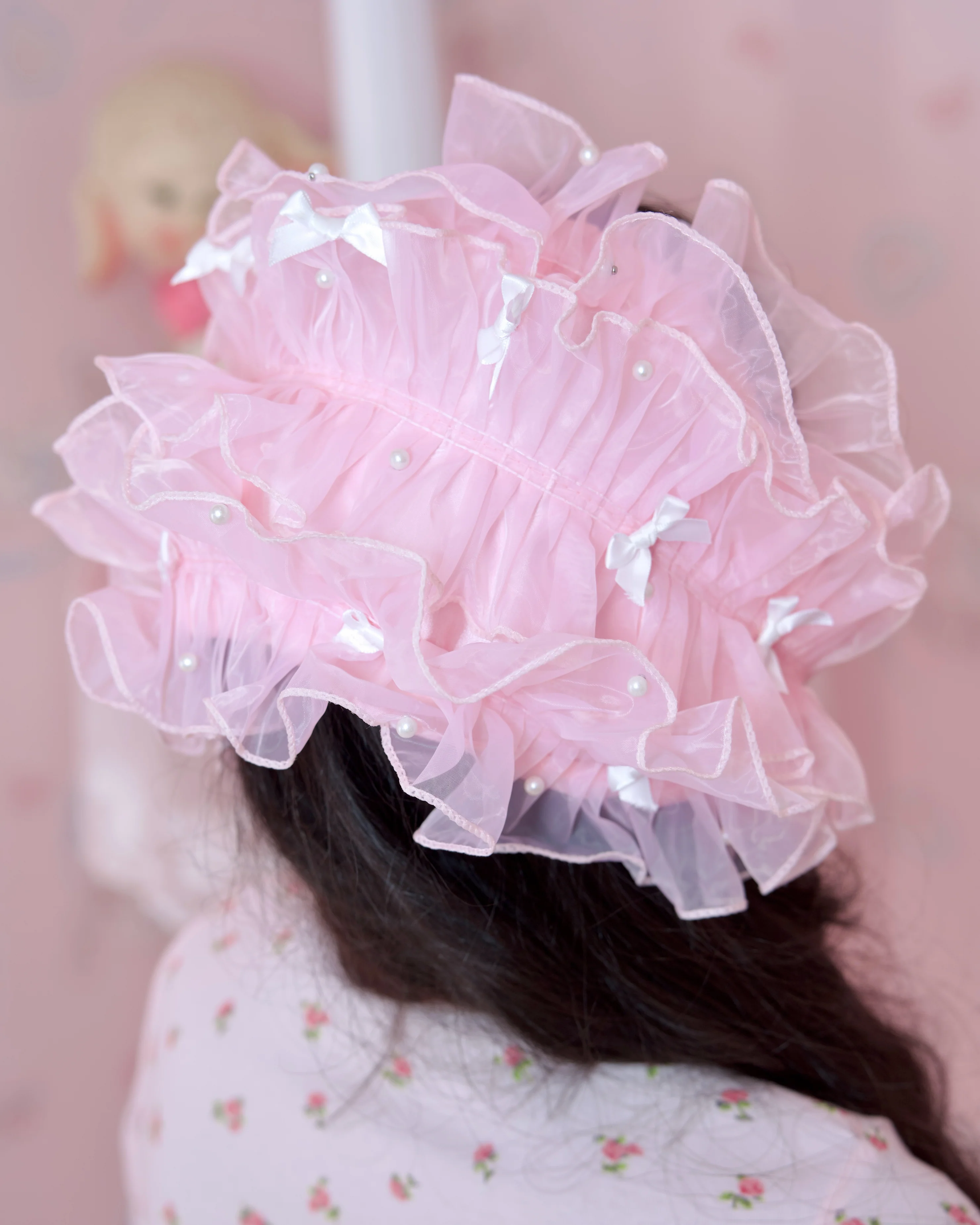 Rosy Pirouette Frill Ribbon Headdress - Petal Pink (Pink x White) - Image 3
