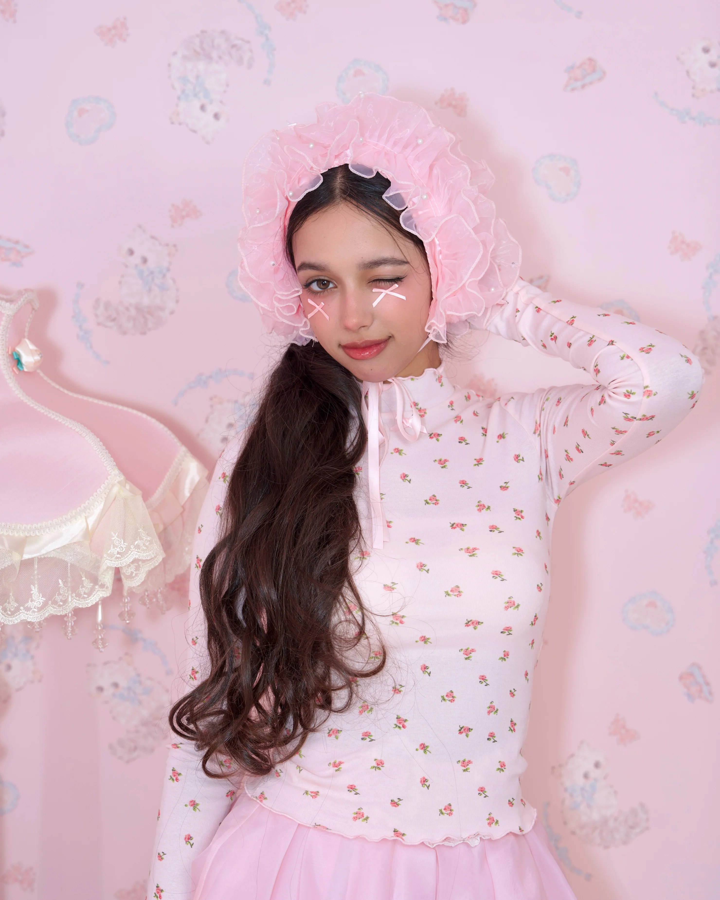 Rosy Pirouette Frill Ribbon Headdress - Petal Pink (Pink x White) - Image 4