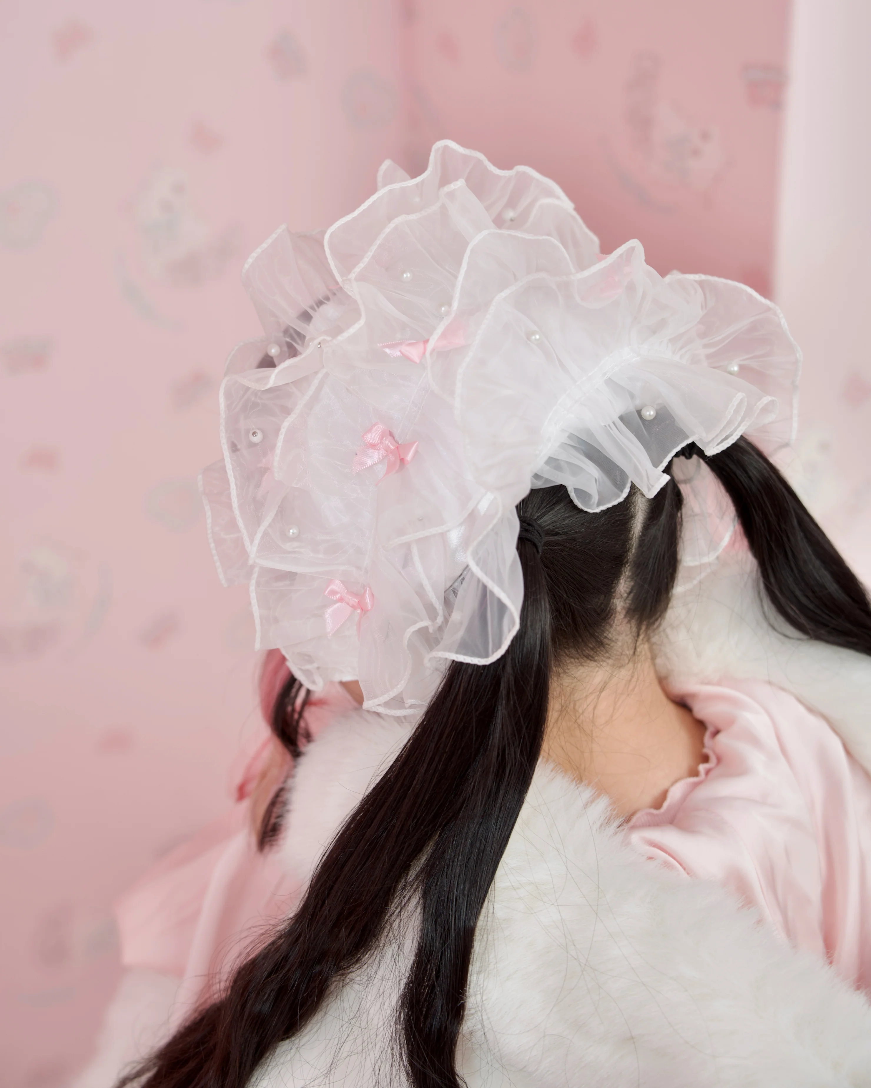 Rosy Pirouette Frill Ribbon Headdress - Snow Blossom (White x Pink) - Image 3