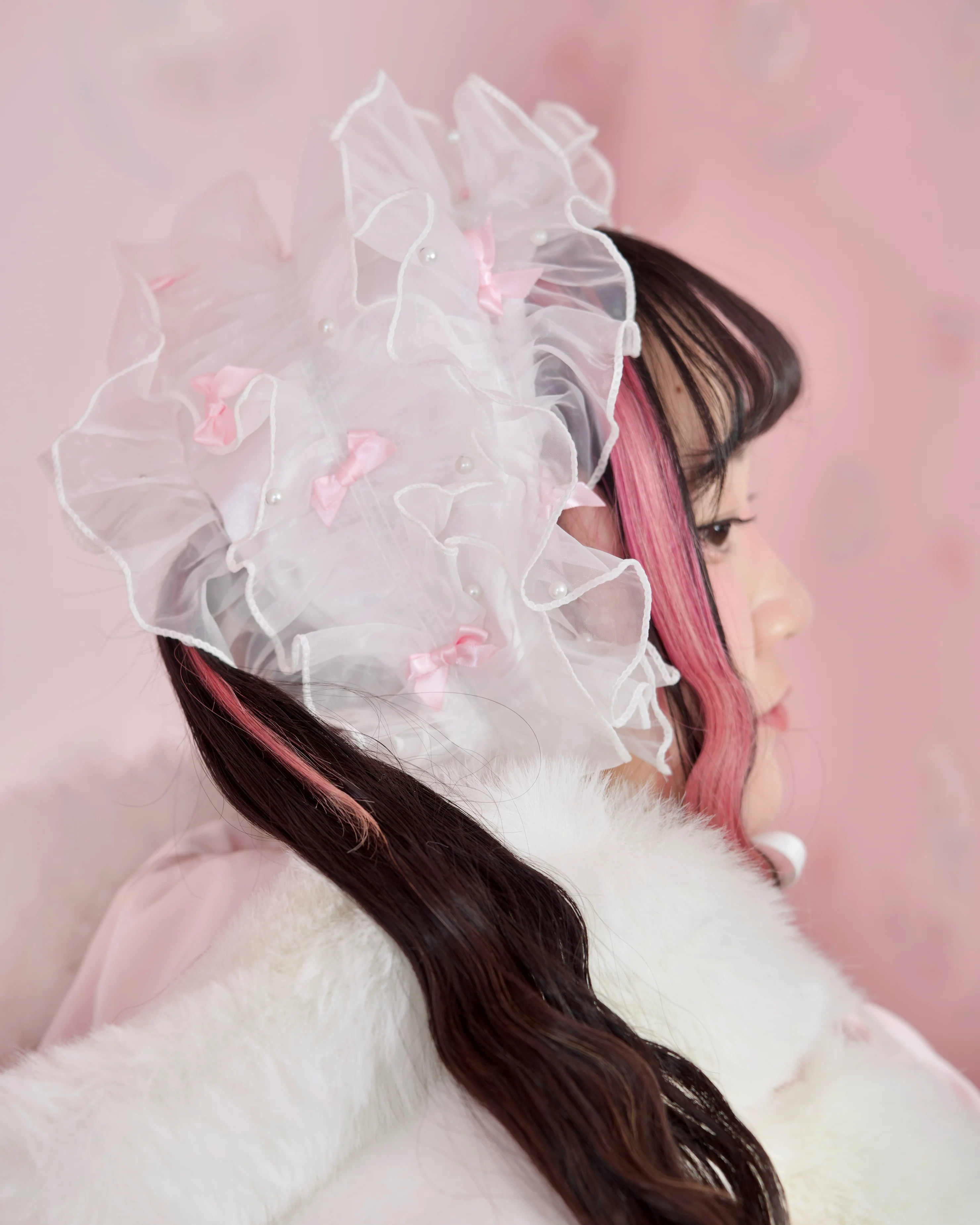 Rosy Pirouette Frill Ribbon Headdress - Snow Blossom (White x Pink) - Image 4