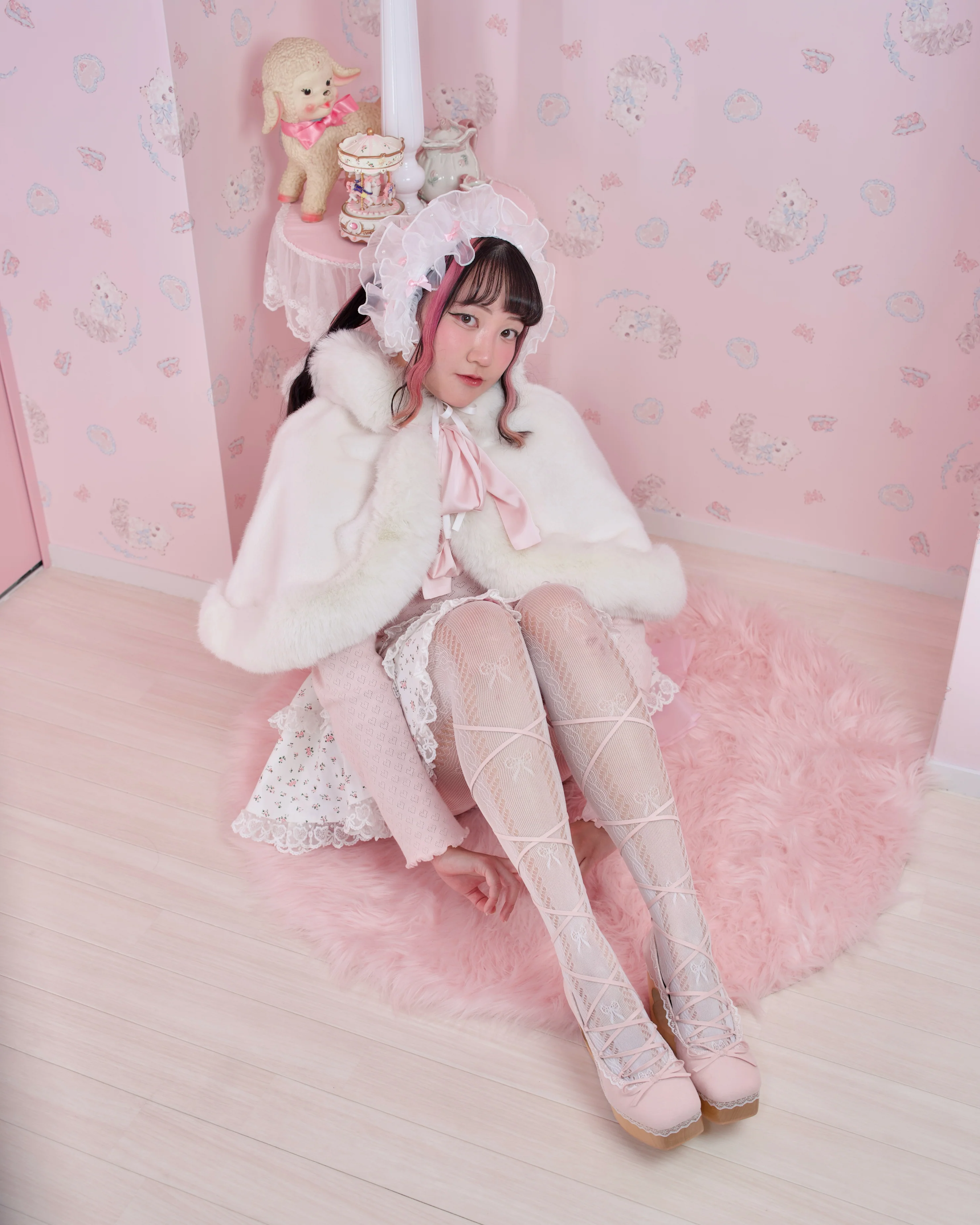 Rosy Pirouette Frill Ribbon Headdress - Snow Blossom (White x Pink) - Image 5