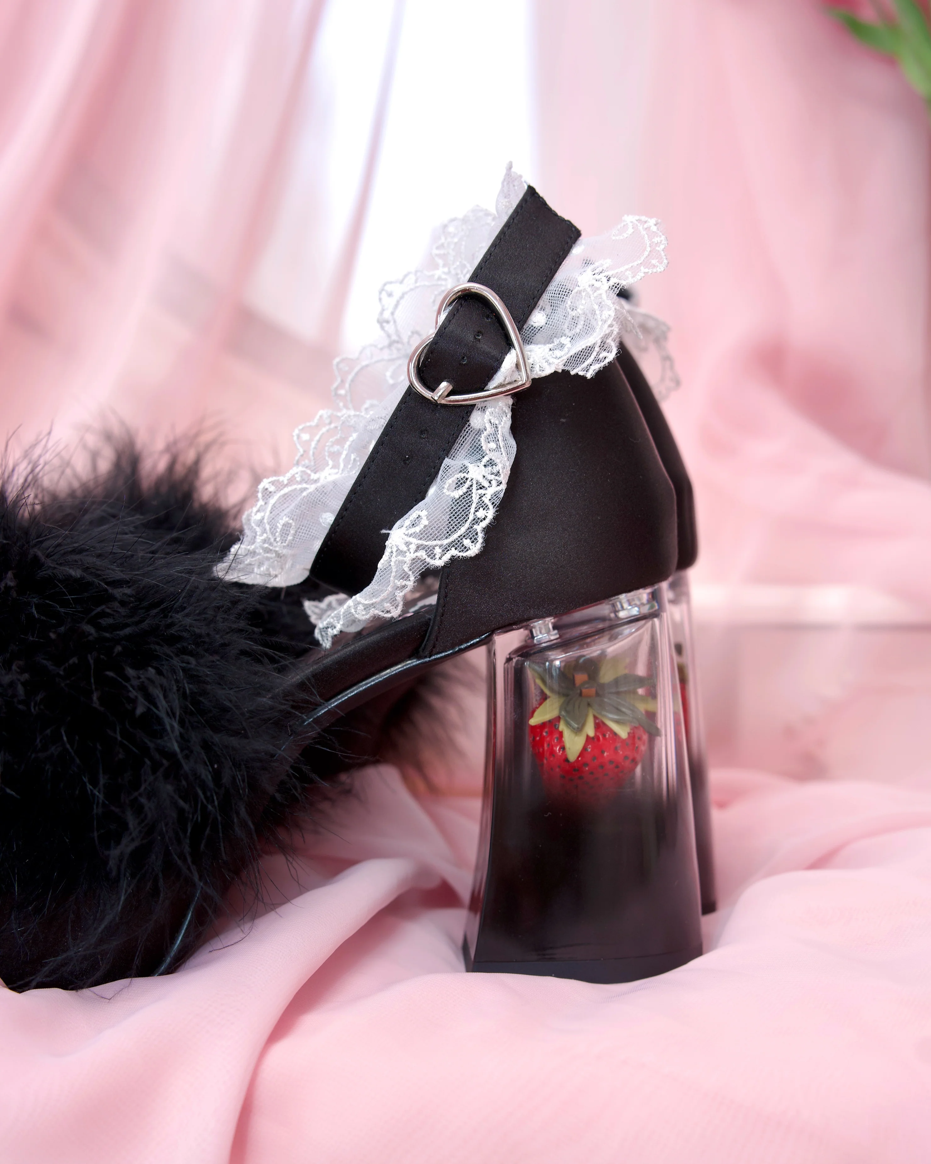 Strawberry Milk Fluffy Platform Heels - Black // PREORDER - Image 4
