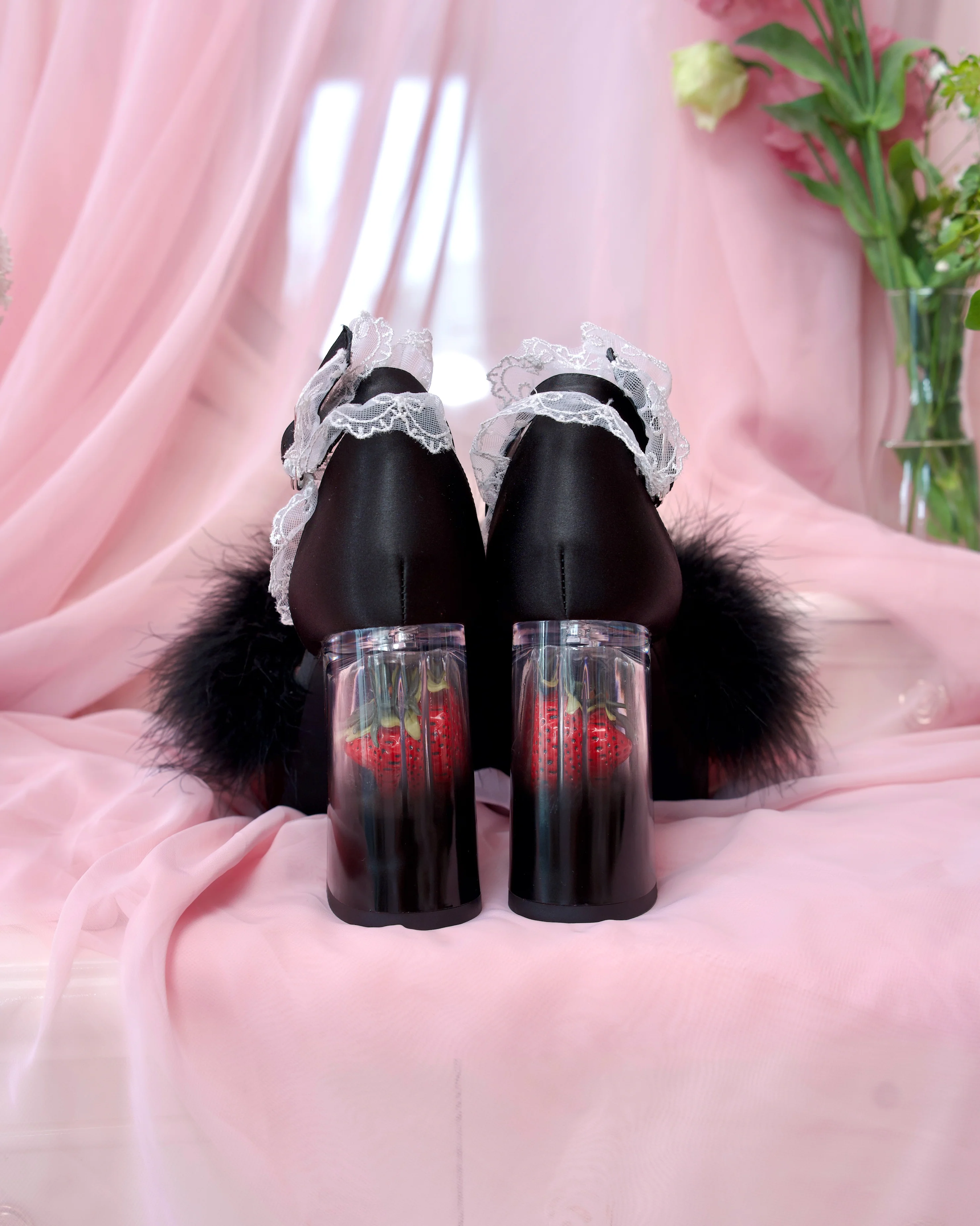 Strawberry Milk Fluffy Platform Heels - Black // PREORDER - Image 5