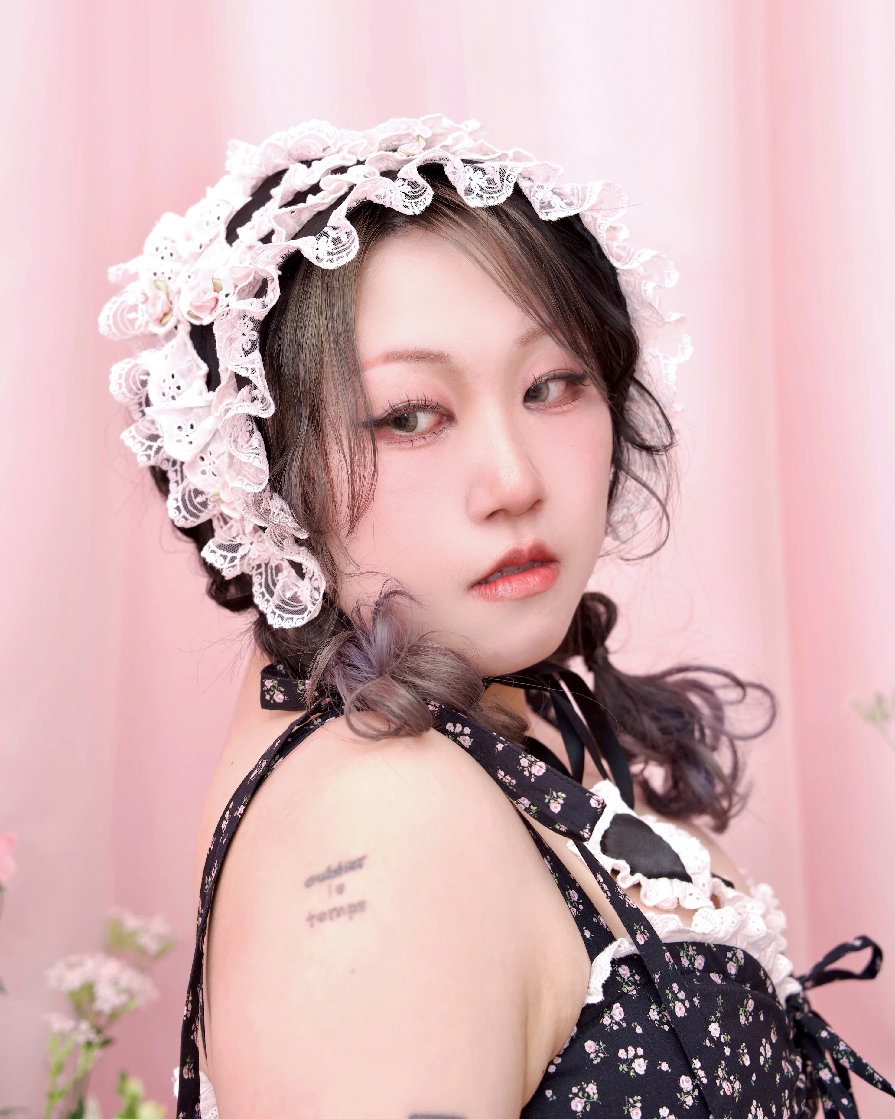 Cherie Lace Head Scarf - Black x Pink - Image 3
